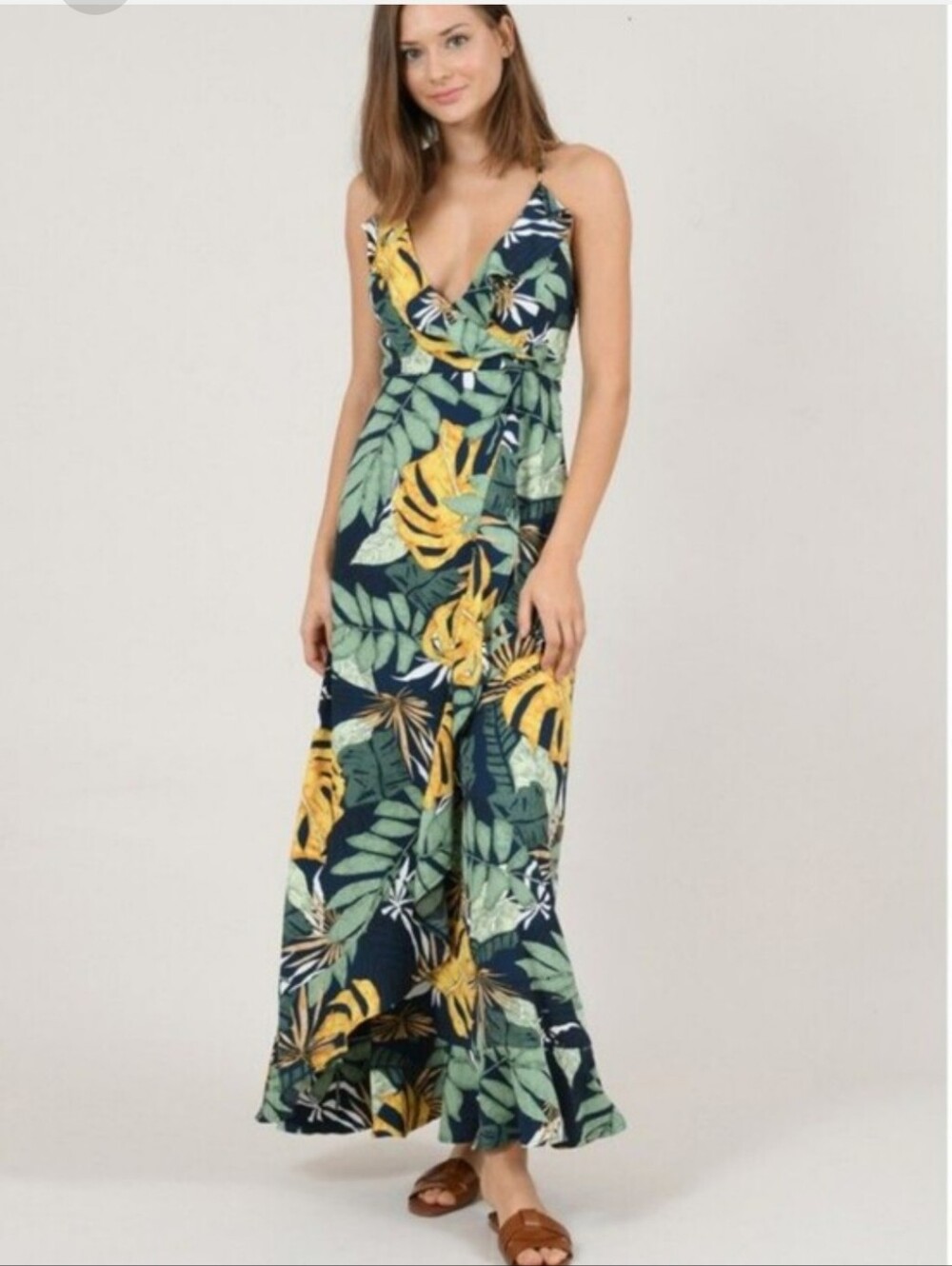 (S) Molly Bracken Tropical Maxi Summer Print Dress Vacation Flirty Ruffles Palm